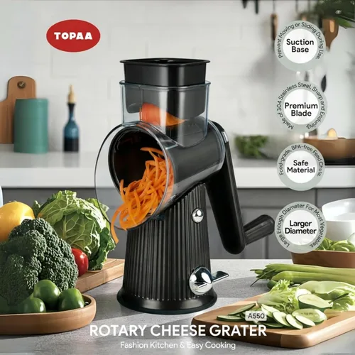 Miniatura 3 de Rallador rotativo de queso con asa, triturador de verduras con 5 cuchillas y base de succión fuerte, rebanador redondo y picador de alimentos