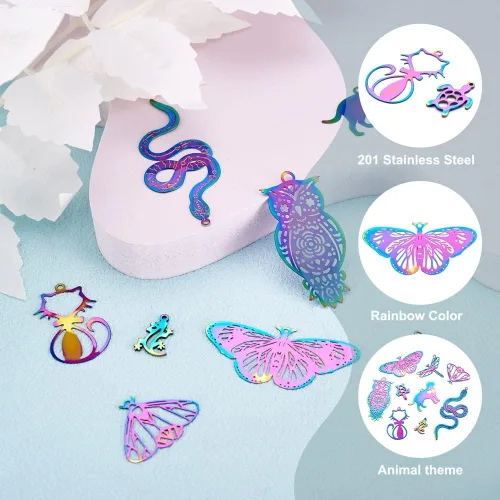 Miniatura 108 de FASHEWELRY 16 dijes de plumas de arco iris de acero inoxidable con alas de filigrana, adornos de metal de 4 colores para hacer joyas, pulseras