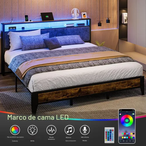Miniatura 3 de OLEVS Base de cama King con cabecero, plataforma de metal tamaño King con almacenamiento de 2 niveles, luz LED y estación de carga tipo C,