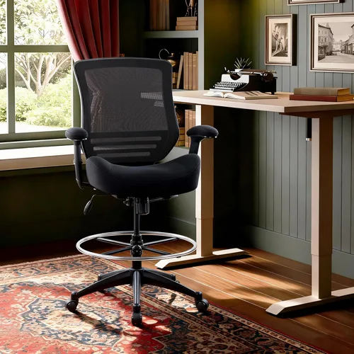 Miniatura 2 de BOLISS Silla de dibujo ergonómica de malla de respaldo medio de 400 libras para escritorio de pie, oficina, silla ancha con soporte lumbar Negro