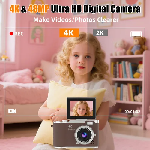 Miniatura 2 de Cámara digital 4K, cámara selfie de 48 megapíxeles con enfoque automático y pantalla giratoria de 180°, cámara digital compacta para niños con zoom