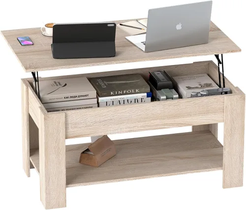 Miniatura 15 de FDW Mesa de Centro Elevable de 39.4 pulgadas con Compartimento Oculto y Estante de Almacenamiento, Tablero de Madera Elevable para Hogar, Sala