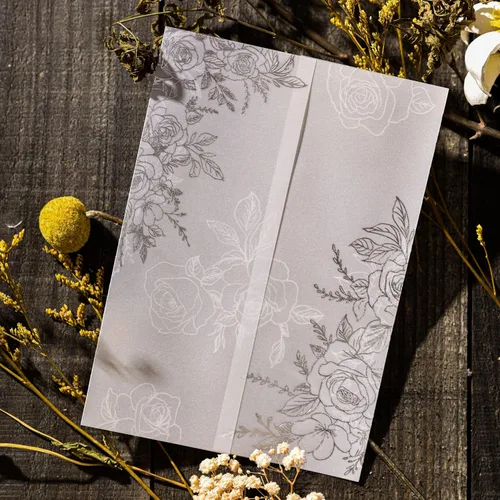 Miniatura 9 de Puremigo Paquete de 50 chaquetas de vellum preplegadas para invitaciones de 5 x 7, patrón de lámina de oro rosa, papel de 115 GSM, envolturas