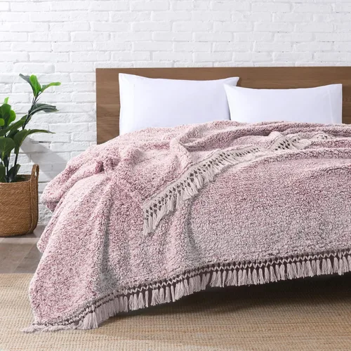 Miniatura 22 de Manta Sherpa de forro polar ultrasuave, tamaño Queen, manta de cama bohemia ligera y acogedora con borla decorativa, patrón reversible, 2 tonos