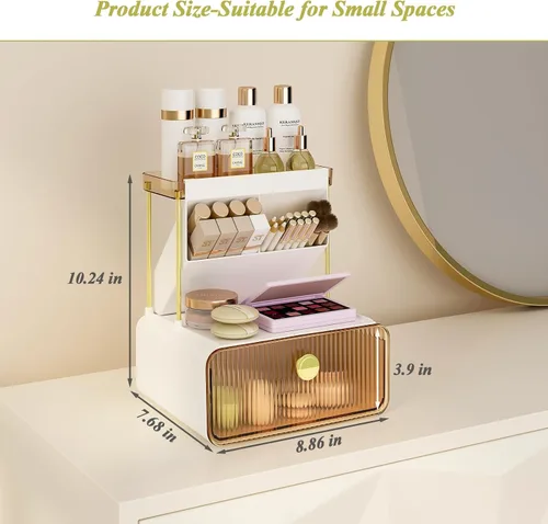 Miniatura 8 de FOLLOWIN Organizador de maquillaje de 3 niveles con cajón, exhibición de cosméticos con soporte para brochas de pintalabios, organizadores