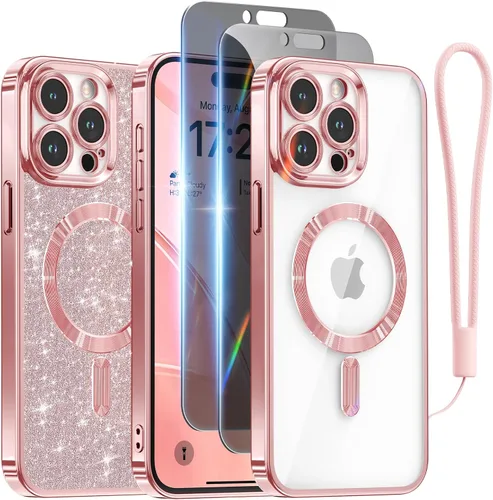 Miniatura 66 de Meifigno Candy Mag Series - Funda diseñada para iPhone 15 Pro, compatible con MagSafe, tarjeta con purpurina y correa de muñeca, protección completa