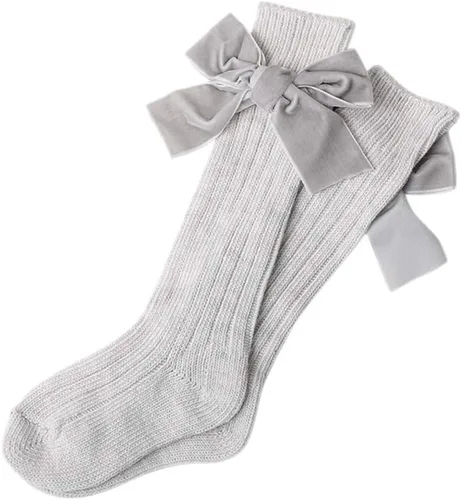 Miniatura 5 de Kayotuas Calcetines altos hasta la rodilla con lazos, calcetines de uniforme con volantes de tubo largo, calcetines de punto acanalado para bebés
