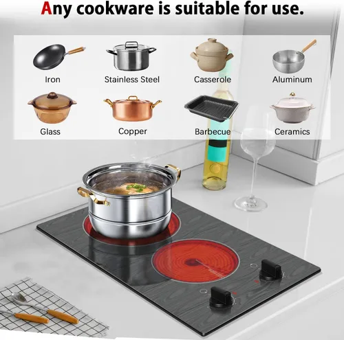 Miniatura 5 de Karinear Placa de Cocina Eléctrica de 2 Quemadores, 110v Estufa Eléctrica Portátil con Perilla, Placa de Cocina de Vidrio, Hermoso Patrón de Veta