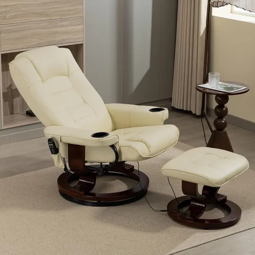 Miniatura 2 de Sillón reclinable de masaje de 8 puntos con otomana, silla reclinable de piel sintética climatizada con base de madera maciza, silla de TV