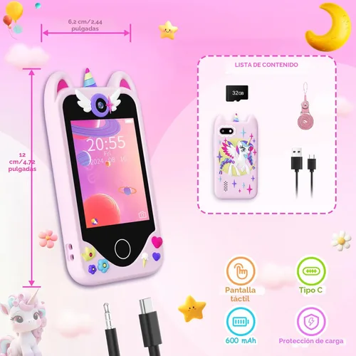 Miniatura 7 de Teléfono inteligente para niñas y niños, juguete de aprendizaje para niños de 3 a 6 años, teléfono con pantalla táctil, cámaras, reproductor