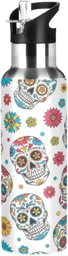 BPA-Free Sport Water Bottle 32 Oz, Insulated Stainless Steel Water Bottle with Straw for Gym Outdoor Travel School, Colorful Skulls Floral