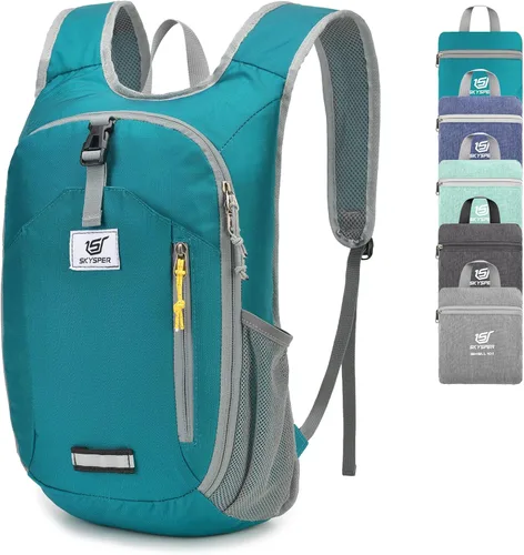 SKYSPER Mochila de senderismo pequeña plegable de 10 litros, plegable, ligera, para senderismo, viaje, para mujeres y hombres Cian