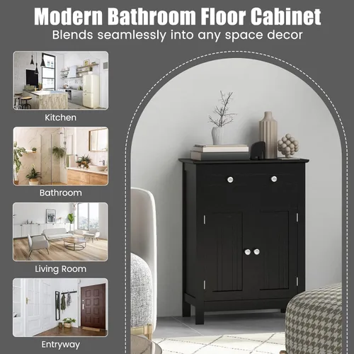 Miniatura 8 de COSTWAY Armario de suelo de baño, organizador de almacenamiento lateral de madera con cajón más grande, estante ajustable y armario de 2 puertas