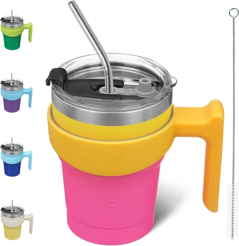 Miniatura 19 de BJPKPK Vaso con asa de acero inoxidable de 20 onzas, con aislamiento de doble pared, con tapa y pajita, color rosa claro A-rosa claro