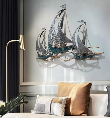 Miniatura 3 de AUQMTAIN Decoración de pared de barco náutico de 34 pulgadas, esculturas de pared de barco náutico 3D, velero costero hecho a mano para el hogar