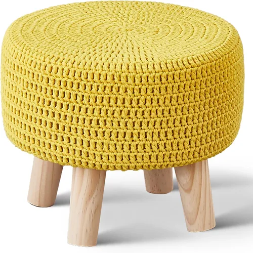 Miniatura 9 de Wimarsbon Puf otomano, taburete bohemio de punto 100% algodón, reposapiés redondo con patas de madera antideslizantes, decoración del hogar, puf