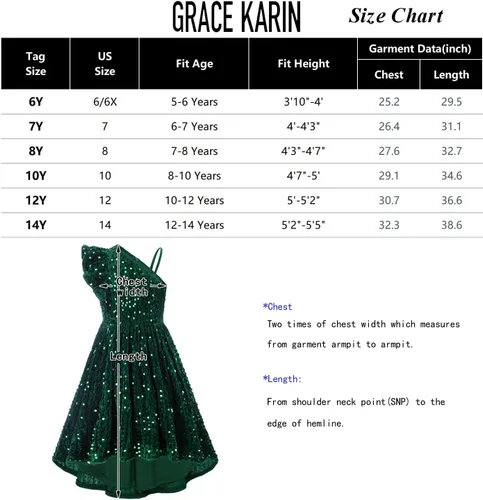 Miniatura 6 de GRACE KARIN Vestido de lentejuelas de un hombro para niñas, vestido de fiesta alto y bajo para 5-14 años