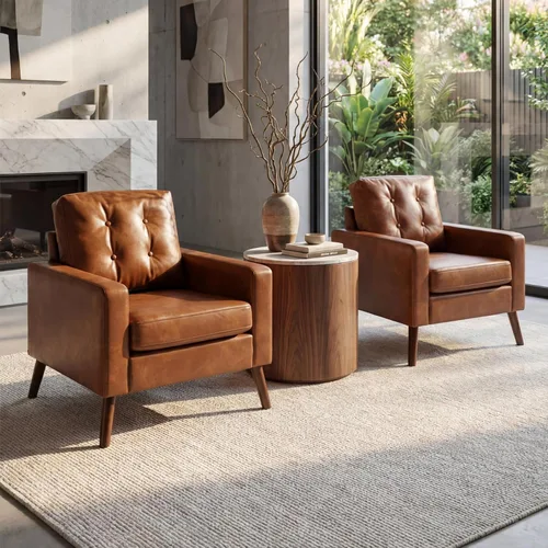 Miniatura 9 de BESTANO Silla decorativa marrón, sofá individual copetudo de piel sintética, silla de club de gran tamaño, sillón moderno de mediados de siglo