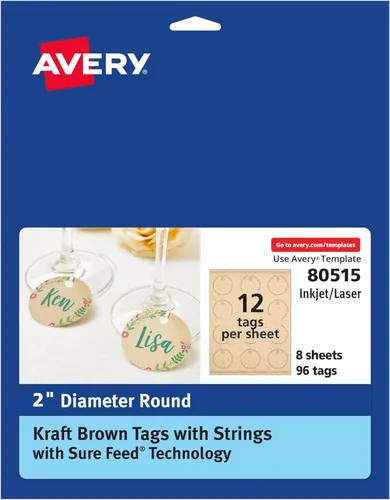 Avery Etiquetas redondas de papel kraft marrón, con tecnología Sure Feed, de 2 pulgadas de diámetro, imprimibles por ambas caras, incluye cuerdas,