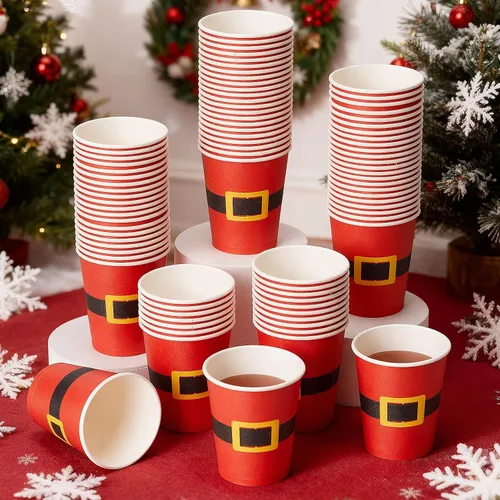 Miniatura 3 de Yaomiao 300 tazas de papel de Navidad de 9 onzas, diseño de cinturón de Papá Noel, desechables, tazas de café de cacao caliente para Navidad, a