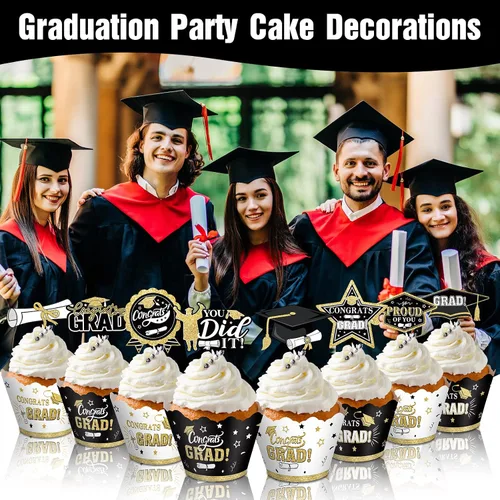 Miniatura 5 de Lincia 96 piezas 2026 decoraciones para cupcakes de graduación 2026 con púas, suministros de fiesta de graduación y envoltorios para pasteles