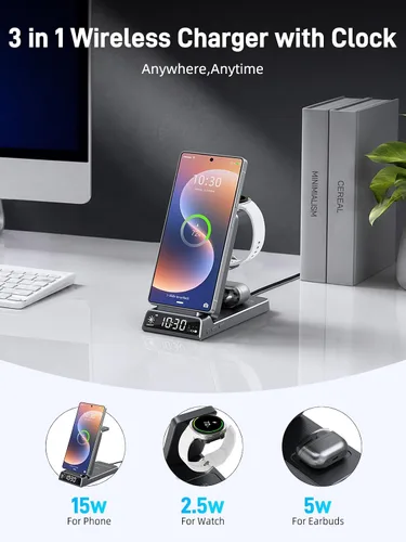 Miniatura 2 de Cargador inalámbrico para Samsung, estación de carga inalámbrica 3 en 1 para Samsung Galaxy S26/25/24Ultra/Z Flip 7/6/5, cargador de reloj rápido