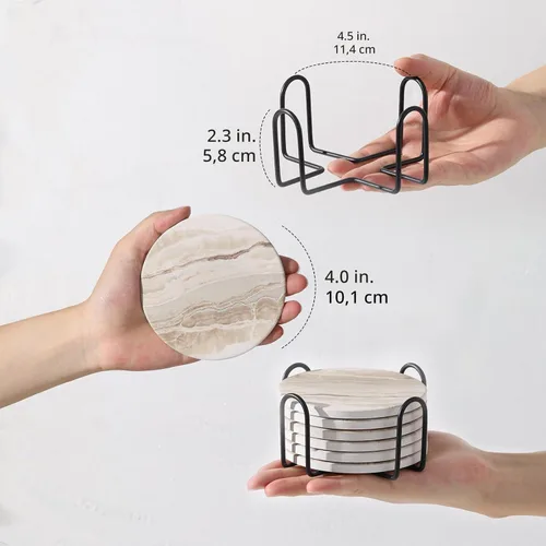 Miniatura 3 de LIFVER Juego de 6 posavasos para bebidas, piedra absorbente con soporte, posavasos de cerámica estilo mármol negro para protección de mesa, amarillo