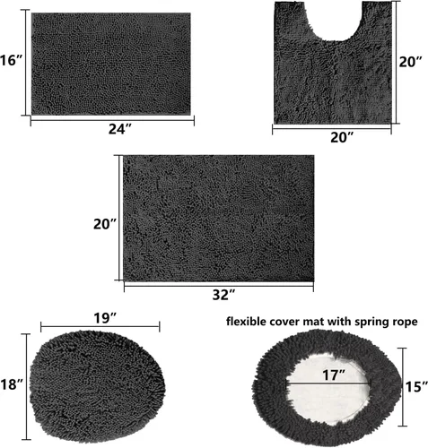 Miniatura 3 de Juego de 4 tapetes de baño de chenilla, tapete de baño de felpilla con parte inferior antideslizante de PVC, juego de alfombras de baño de absorción
