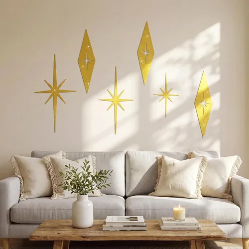Miniatura 7 de Otoolling 6 piezas de arte de pared moderno de mediados de siglo, arte de pared de hierro fundido retro 3D 8 puntiagudas estrella atómica retro