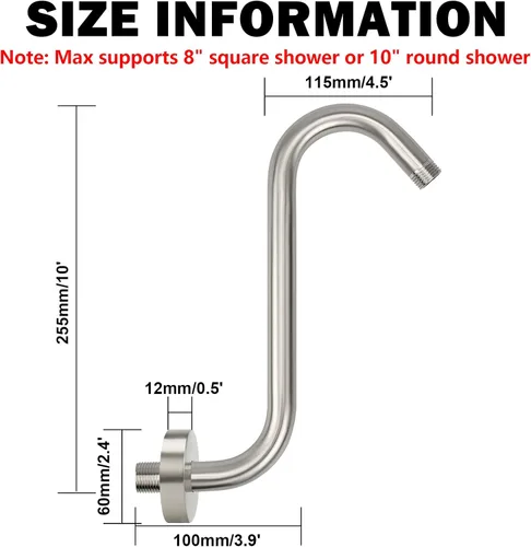 Miniatura 2 de NearMoon Brazo elevador de cabezal de ducha en forma de S, brazo extensor de ducha con brida, conexión estándar de 1/2 pulgada, accesorio de baño