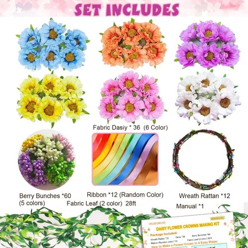 Miniatura 2 de WUBOMJIO Haz tu propio kit de manualidades de corona de flores (tema de margarita), juego de más de 120 piezas para una creatividad infinita