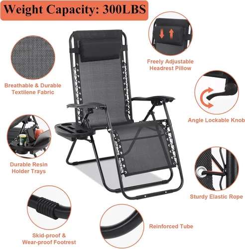 Miniatura 4 de Silla de gravedad cero plegable, silla de césped, silla reclinable ajustable para acampar con bandejas para almohada y soporte para tazas, silla
