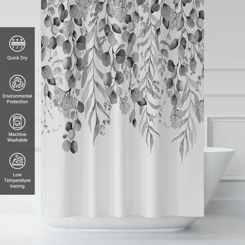 Miniatura 3 de KAIRA Cortina de ducha de eucalipto negro con diseño clásico y moderno, hojas de plantas de acuarela con diseño floral, decoración de baño, 72 x 72