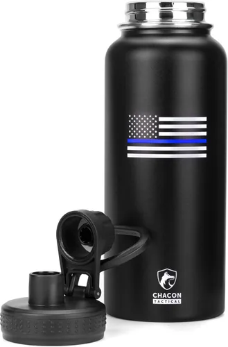 Miniatura 4 de Botella de agua aislada, negro, acero inoxidable, 32 onzas, diseño de bandera estadounidense de línea azul fina, boca ancha