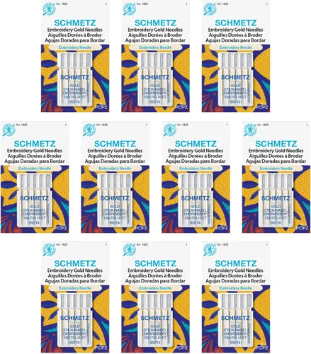 SCHMETZ Agujas doradas para máquina de coser bordadas, revestimiento de titanio para costuras suaves, tamaño 90/14, tarjetas de 5 agujas, caja de 10