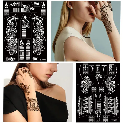 Miniatura 7 de 10 hojas de plantillas de tatuaje de henna 10 pares de plantillas de tatuaje temporal para brazo y mano Tatuajes indios árabes con purpurina Negro