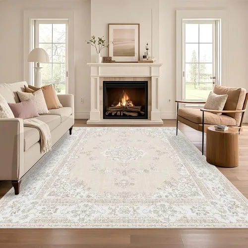 Alfombras neutras de 8 x 10 para sala de estar: Alfombra oriental lavable para dormitorio, comedor, suave, resistente a las manchas, alfombra fina