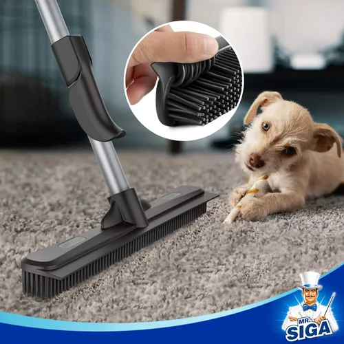 Miniatura 4 de MR.SIGA Escoba de goma para depilación de mascotas con escoba incorporada, cepillo de piso 3 en 1 para alfombra, mango ajustable de 61 pulgadas