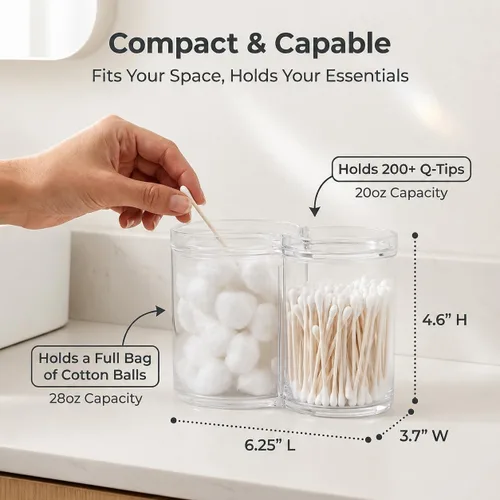 Miniatura 3 de ForPro - Tarro de boticario de acrílico transparente con 2 compartimentos con tapa, soporte inastillable y organizador de bolas de algodón
