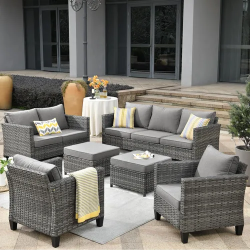Miniatura 27 de ovios Juego de muebles de patio de 6 piezas, sillas giratorias de mimbre para exteriores con mesa para fogatas de 30 pulgadas, juego de mecedoras