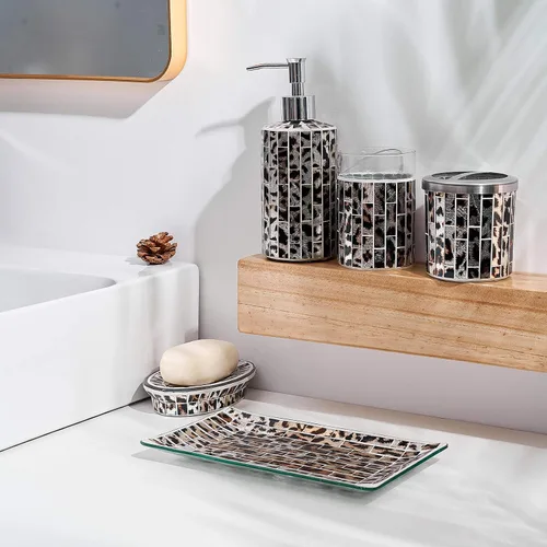 Miniatura 3 de KMWARES Juego de accesorios decorativos de baño de vidrio de mosaico de 5 piezas, incluye dispensador de jabón Hande y vaso, bandeja para jabón