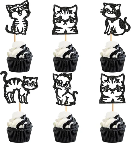 Miniatura 7 de Ercadio Paquete de 25 adornos para magdalenas de gatos, palillos para tartas de gatos negros, selecciones de cupcakes de animales, decoraciones