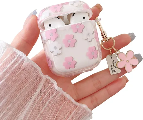 MINSCOSE Funda transparente compatible con AirPods 1/2, bonito diseño de patrón de flores de dibujos animados con llavero floral, funda protectora