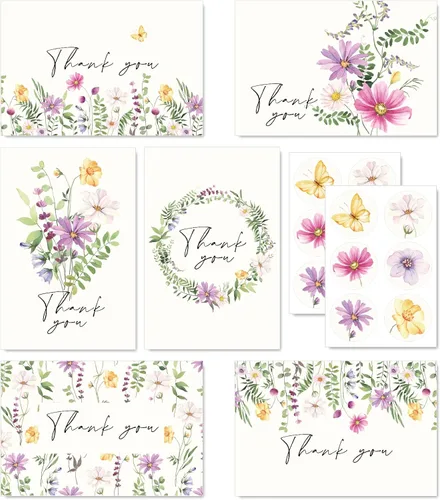 AnyDesign Paquete de 36 tarjetas de agradecimiento florales, tarjetas de felicitación de flores silvestres en acuarela con sobres, calcomanías para