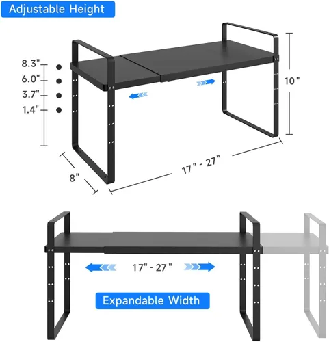 Miniatura 3 de Organizador de estante expandible para gabinete, almacenamiento apilable para mostrador de despensa de cocina, soporte ajustable para armario, Negro