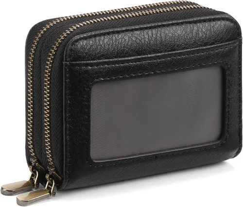 Miniatura 8 de SENDEFN Tarjetero de cuero para tarjetas de crédito, cartera pequeña para mujer, bloqueo RFID, doble cremallera con ventana de identificación