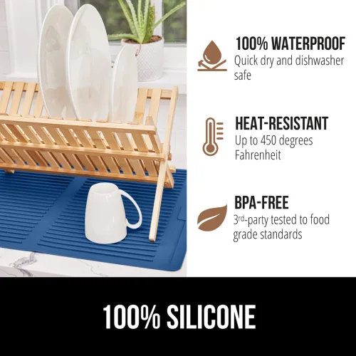 Miniatura 4 de GORILLA GRIP Tapete de secado de platos de silicona patentado 100% sin BPA para encimera de cocina, diseño acanalado para atrapar agua, fácil de Azul