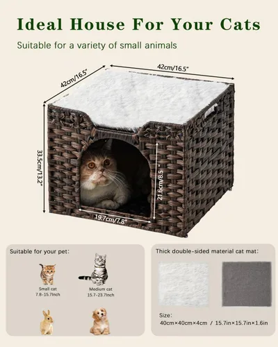 Miniatura 6 de SETVSON Camas para Gatos de Interior Casa de Gatitos, Cueva de Gato de Ratán Tejido a Mano Cubo para Mascotas, Casas Grandes para Gatos, Una Marrón