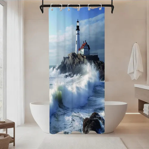 Cortina de ducha con diseño de océano azul, faro, náutico, costero, escénico, naturaleza, rock, blanco, juego de decoración de baño, lavable a