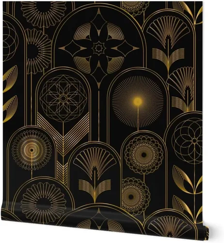 Spoonflower Papel tapiz para despegar y pegar, diseño de flores Art Deco de los años 20, flores negras, geométricas, oscuras, papel tapiz extraíble
